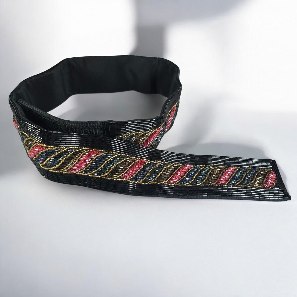 VTG Beaded Black Silk Belt Embellished with Gold Pink Blue Red Geometric‎ Design